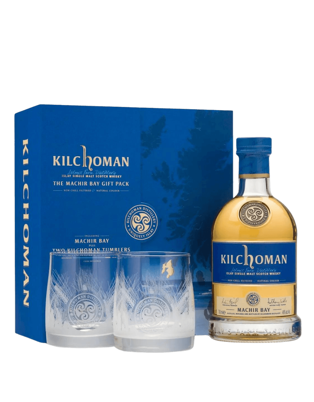 KILCHOMAN MACHIR BAY ISLAY SINGLE MALT SCOTCH WHISKEY GIFT SET WITH 2 GLASSES