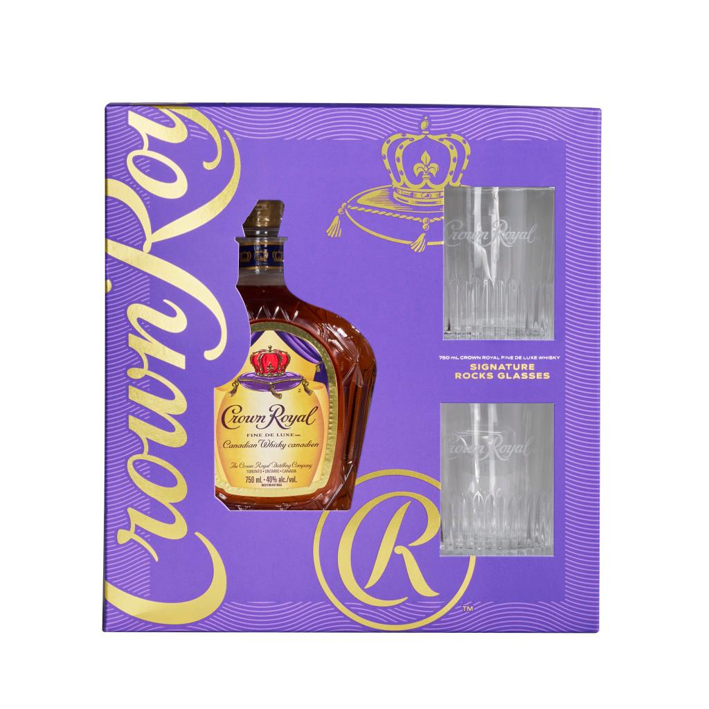 CROWN ROYAL FINE DE LUXE BLENDED CANADIAN WHISKY WITH TWO SIGNATURE ROCKS GLASSES