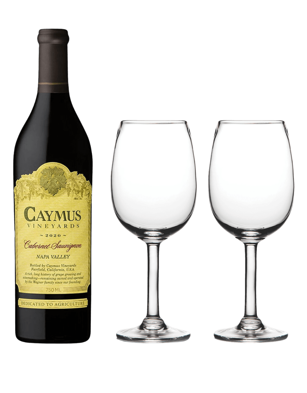 CAYMUS NAPA VALLEY CABERNET SAUVIGNON 2019 AND SIMON PEARCE WOODSTOCK RED WINE GLASSWARE BUNDLE