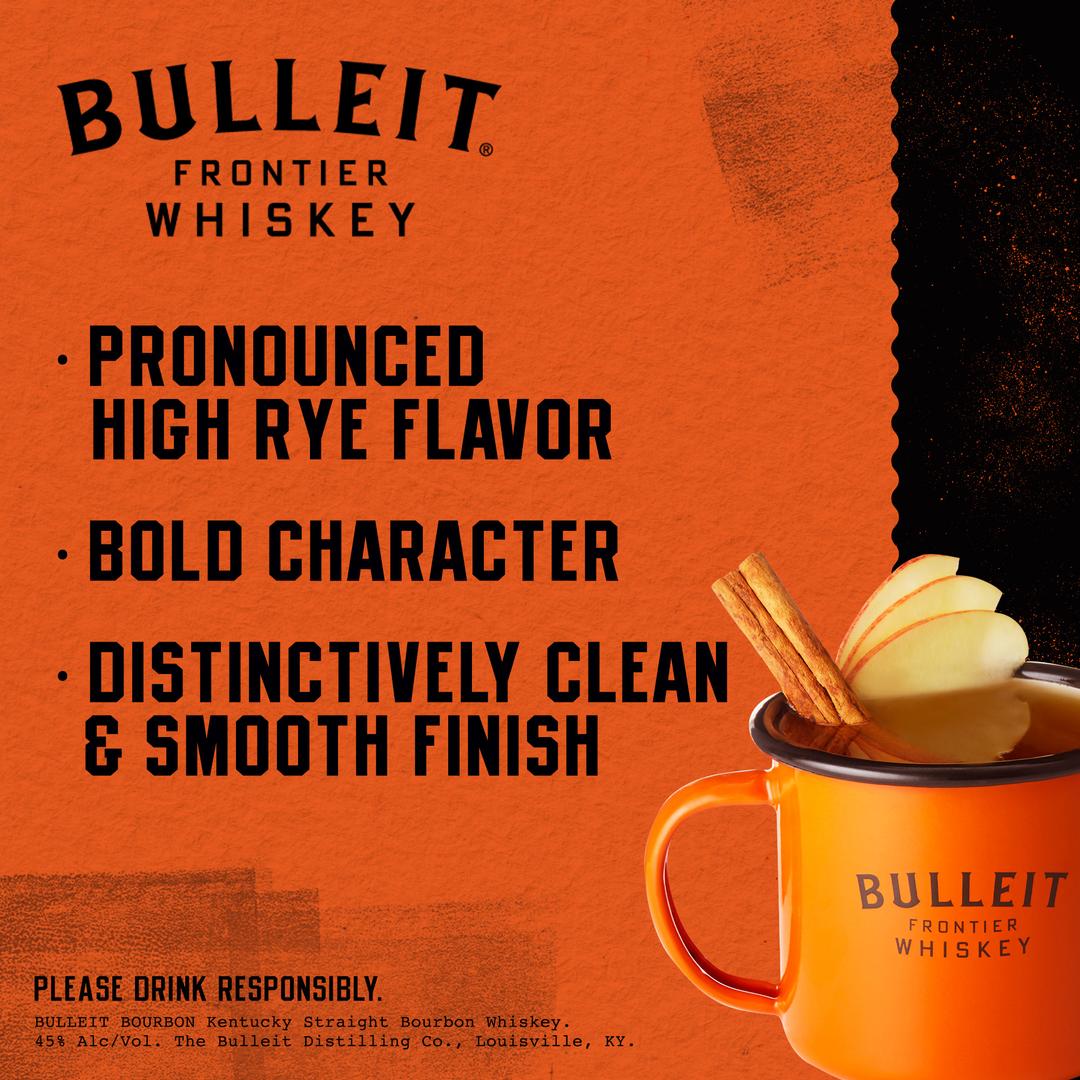 BULLEIT BOURBON WHISKEY WITH TWO BRANDED CERAMIC MUGS