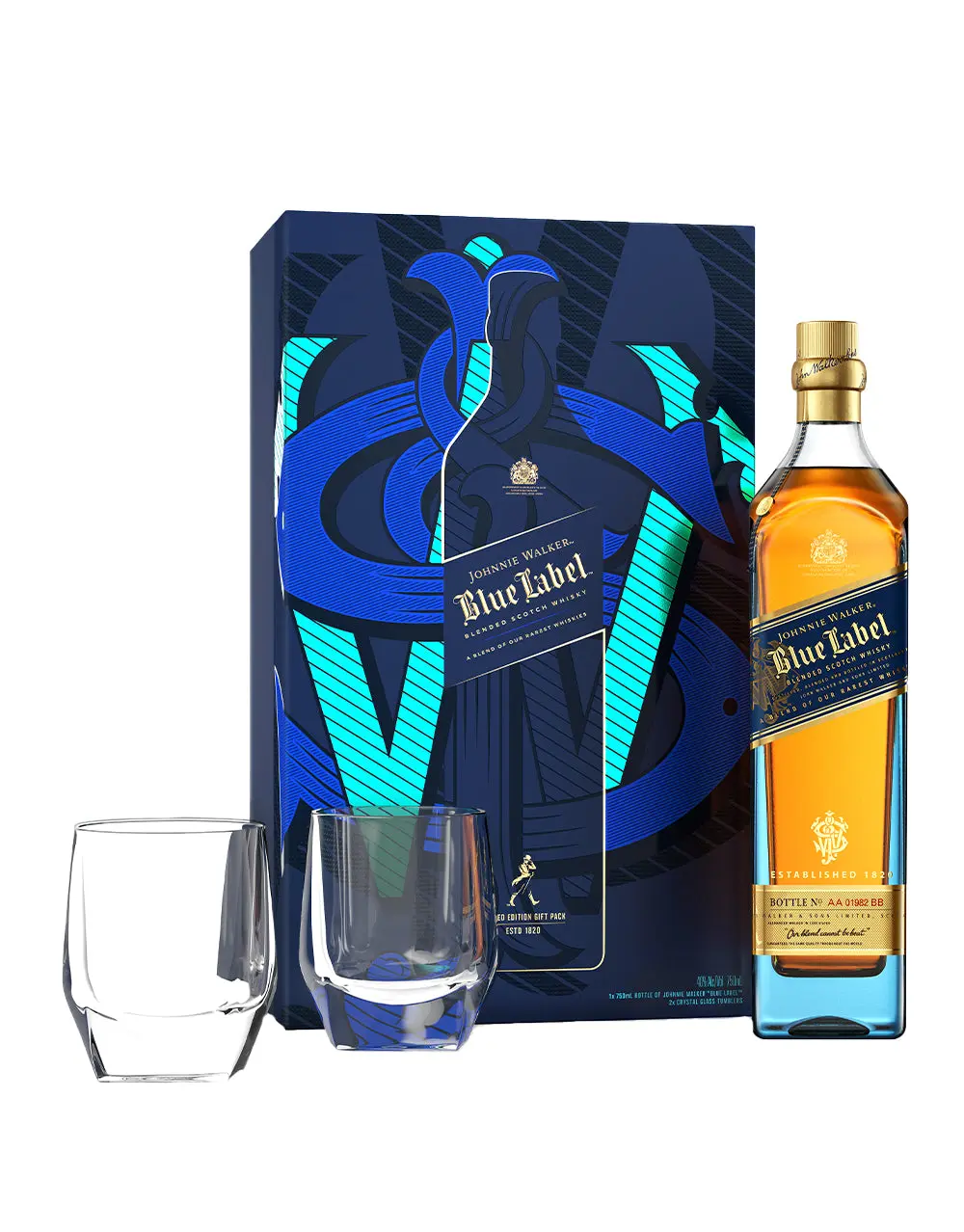 JOHNNIE WALKER BLUE LABEL BLENDED SCOTCH WHISKY WITH TWO CRYSTAL GLASSES