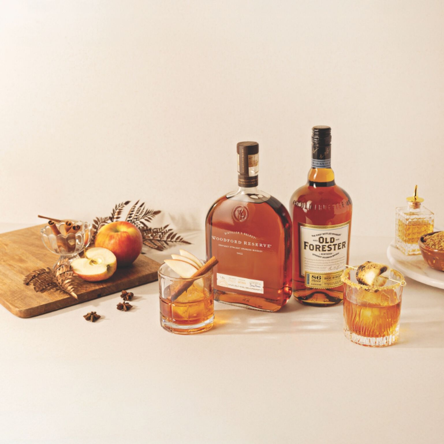 Bottles of Woodford and Old Forester Bourbon to celebrate national bourbon month