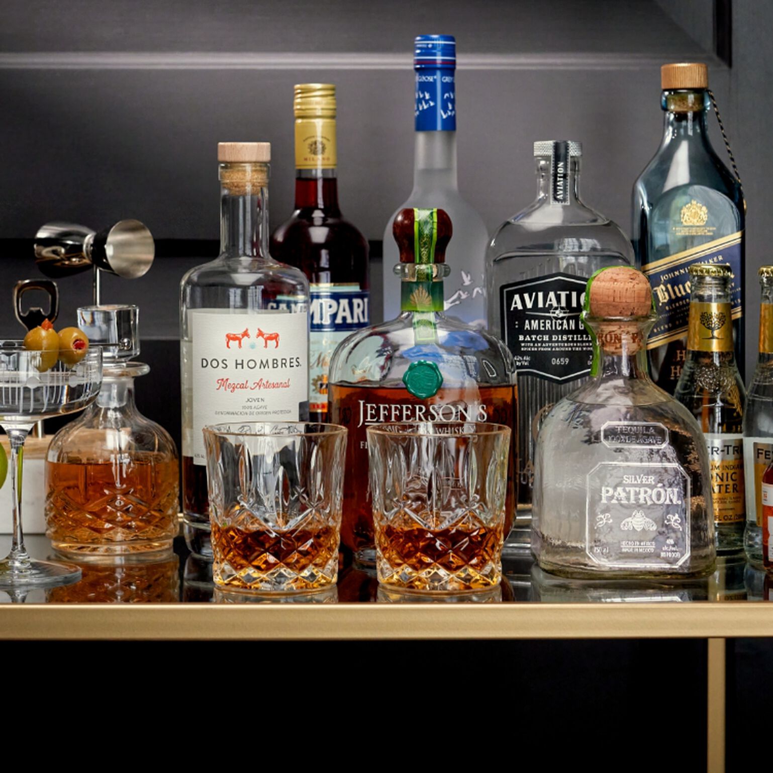 bar cart with a variety of products