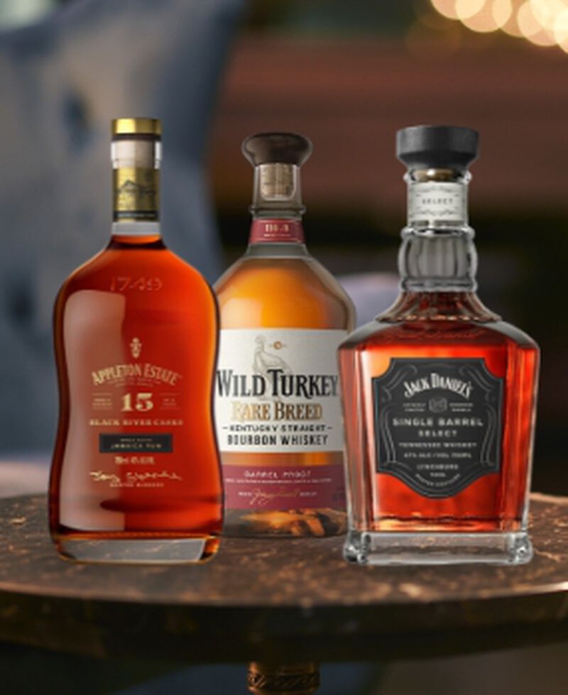 Bottles of rum, bourbon and Tennessee whiskey